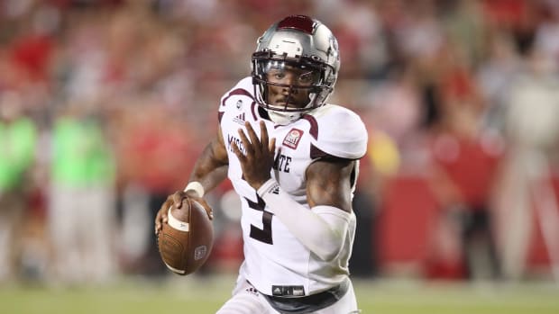 Sep 17, 2022; Fayetteville, Arkansas, USA; Missouri State Bears quarterback Jason Shelley (3) rushes against the Arkansas Razorbacks during the second half at Donald W. Reynolds Razorback Stadium. Arkansas won 38-27. Mandatory Credit: Nelson Chenault-USA TODAY Sports  